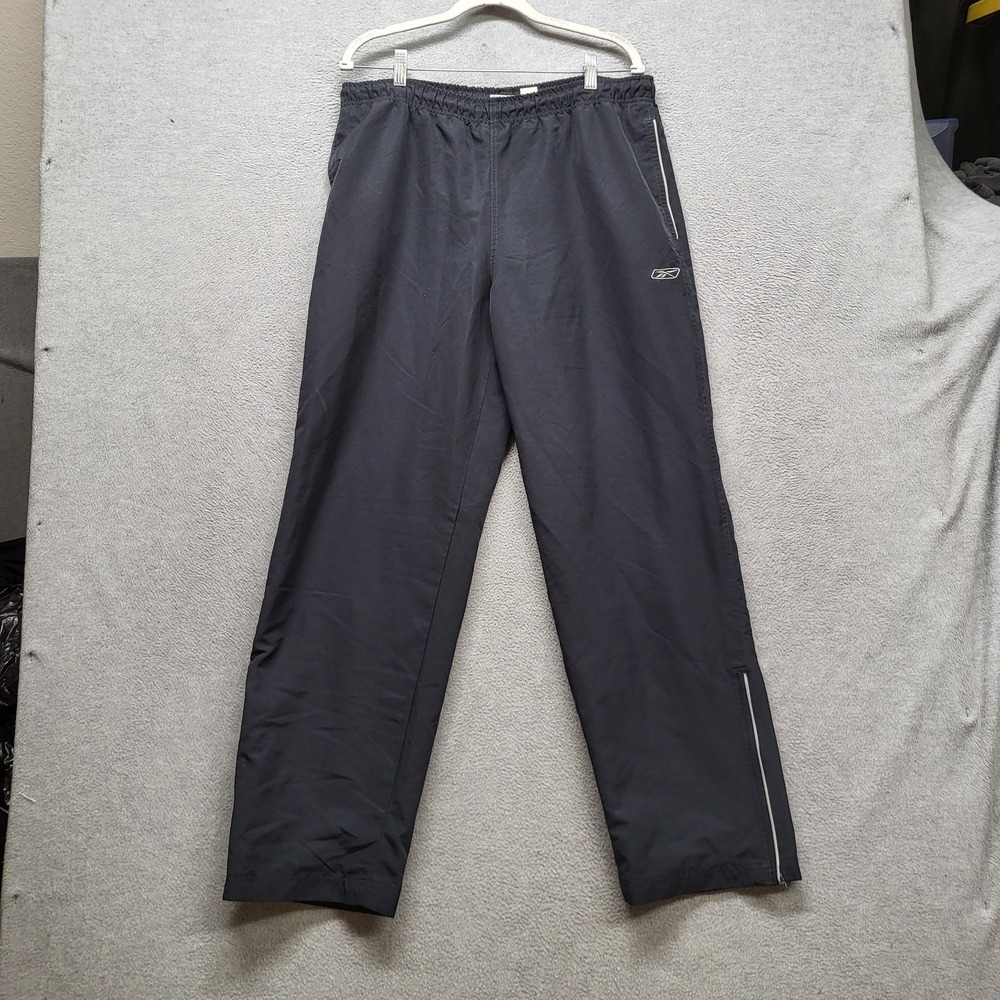 Reebok Men Activewear Pants L Black Windbreaker Reflective Logo 31" Inseam